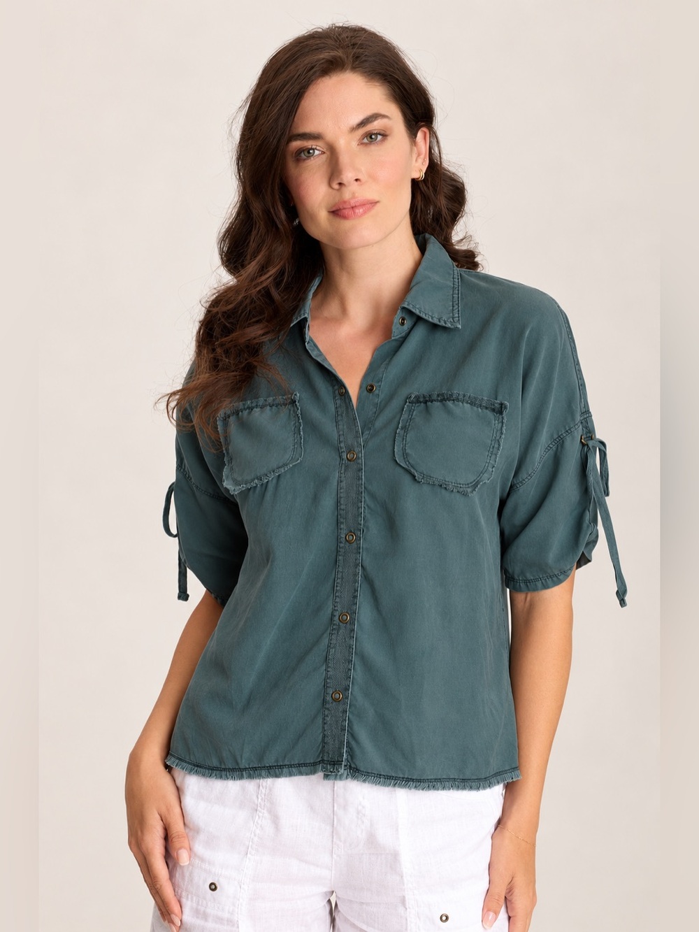 XCVI Vinton Twill Jersey Button-Up Collared Top XS Safari Earthy